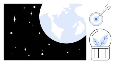 Uzayda, bir ok ve cam kürede bir bitkiyle birlikte bir hedefin yanında. Sürdürülebilirlik, büyüme, hedefler, koruma, başarı, yenilik, ekoloji, basit düz metafor