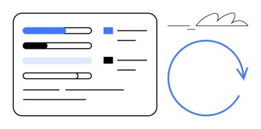 Metin satırlı ilerleme çubukları ve veri takibini, yenilenmesini ve güncellemeleri sembolize eden dairesel bir ok. Üretkenlik, optimizasyon, iş akışları, verimlilik, teknoloji ve analitik için ideal