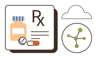 Eczane, sağlık, biyokimya, reçeteler, tıbbi araştırmalar, dijital sağlık ve yenilikleri gösteren ilaç kutusu, haplar ve moleküler diyagram. Basit düz metafor için ideal