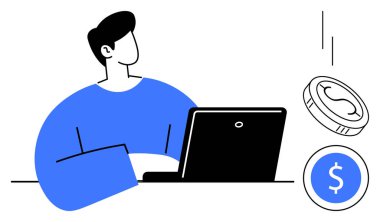 Dizüstü bilgisayarlı bir masada oturan adamın yanında bozuk paralar ve para ikonu var. Çevrimiçi iş, serbest finans, uzak gelir, e-ticaret, girişimcilik, yatırım, ekonomi için ideal