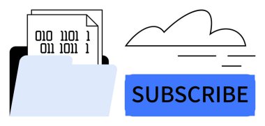 Open folder with binary data files next to cloud graphic and prominent subscribe button. Ideal for cloud computing, digital storage, online services, data access, file management, technology clipart svg vector 