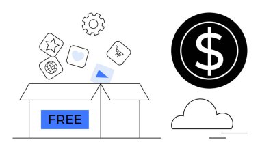 Kutuda serbest bırakılan araç simgeleri etiketi var. Yakınlarda cesur bir dolar sembolü ve bulut elementi var. Teknoloji, tasarruf, değer, yenilik, erişim, ekonomi, basit düz metafor için ideal