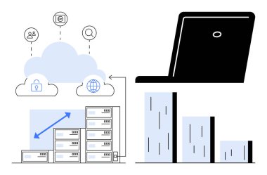 Sunucu yığınları, güvenlik ve bağlantıyı temsil eden bulut simgeleri, dizüstü bilgisayar ekranı ve büyümeyi gösteren bar tablosu. Teknoloji, veri analizi, bulut depolama, ağ çözümleri, iş için ideal