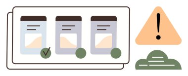 Kontrol işaretli üç belge, bir uyarı üçgeni simgesi ve bir bulut vurgusu görev yönetimi, karar verme mekanizması ve hata uyarısı. İş akışı tasarımı, üretkenlik, risk yönetimi ve veri için ideal