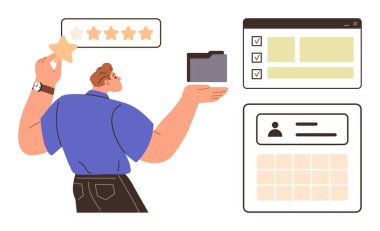 Derecelendirme sistemi, kontrol listeleri ve kullanıcı profili gibi arayüz elemanları olan bir yıldız ve dizin tutan adam. Performans derecelendirme, organizasyon, görev yönetimi, üretkenlik ve geri bildirim için ideal