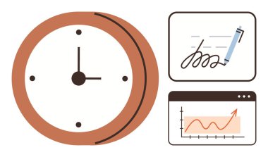 Saat işaretleme zamanı odaklanma, onay için imza ve ilerleme gösteren büyüme tablosu. Üretkenlik, iş stratejisi, teslim tarihleri, planlama, başarı organizasyonu için idealdir. Basit düz metafor