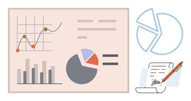 Bar grafik, çizgi grafiği, pasta grafikleri ve sözleşme imzalaması veri analizini, raporlamayı, iş stratejisini, karar verme mekanizmasını, danışmanlık eğitimini sembolize eder. Veri doğruluğu için ideal finans projesi