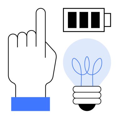 Eller yukarı, batarya tam şarjlı, parlayan ampul. Enerji verimliliği, yenilik, fikir üretimi, sürdürülebilirlik, teknoloji eğitimi yaratıcı düşünce için idealdir. Basit bir daire.