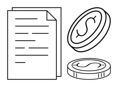 İki madeni paranın yanında yazılı metin olan belge, biri dik ve diğeri düz. Finans, sözleşme, ekonomi, tasarruf, evrak işleri, planlama yönetimi için idealdir. Basit düz metafor
