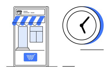 Saatin yanında çizgili güneşlik ve alışveriş arabası ikonu olan mobil mağaza önü. Çevrimiçi alışveriş, zaman yönetimi, iş büyümesi, verimlilik, e-ticaret, küçük işletmeler, pazar eğilimleri için ideal. Modern