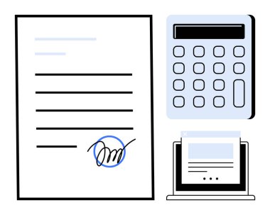 İmza, hesap makinesi ve online finansmanı temsil eden dizüstü bilgisayarlı tarayıcı penceresi olan belge. İş, muhasebe, anlaşmalar, yasal hizmetler, vergi pazarlığı için idealdir.