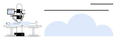 Cerrahi robot monitör ve aletlerle bir hastayı ameliyat ediyor. Sağlık, yenilik, teknoloji, otomasyon, yapay zeka, ameliyat ve gelecekteki sağlık hizmetleri vizyonu için idealdir. Basit düz