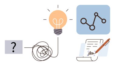 Ampul, grafik ve imzalı belgeye uzanan karmaşık çizgiye bağlı soru işareti. Problem çözme, yaratıcılık, ilerleme, analitik, karar verme araştırması ve yenilik için idealdir. Basit.
