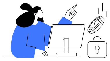 Monitörün yanındaki madeni parayı işaret eden kişi e-ticareti, güvenliği ve dijital finansı sembolize ediyor. Çevrimiçi ödemeler, fintech, internet güvenliği, yenilik, bankacılık modern teknolojisi için idealdir.