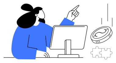 Masadaki kadın ekrandaki bilgilere, madeni para ve bulmaca parçalarına finans, problem çözme ve stratejiyi temsil eden şeylere işaret ediyor. İş için ideal, yenilik, planlama, danışmanlık, analiz eğitimi