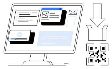 Çoklu ortam dosyaları, metin belgeleri ve e-posta bildirimlerini gösteren bilgisayar monitörü. Bir QR kodu, ok indirme ve paket kutusu özellikleri. Veri, teknoloji ve iş akışı iletişimi için ideal