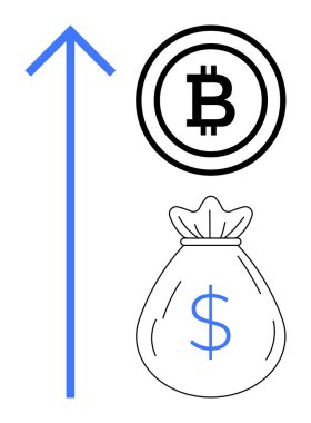 Yukarı doğru yükselen ok, Bitcoin madeni para ve para çantası finansal büyümeyi, kripto para birimini ve yatırım fırsatlarını sembolize ediyor. Finans, engel zinciri, tasarruf, ticaret zenginliği için ideal