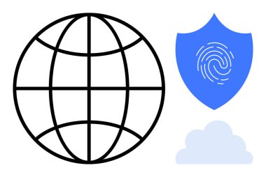 Dünya çapındaki bağlantıyı simgeleyen küre, veri güvenliğini temsil eden parmak izli kalkan, bulut simgesi. Teknoloji, siber güvenlik, ağ, mahremiyet, bulut depolama, küresel iletişim için ideal