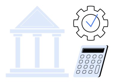 Klasik sütunlu banka binası, hesap makinesi ve işaretli teçhizat. Finans, muhasebe, bankacılık, teknoloji, uyum verimliliği hassas iş süreçleri için idealdir. Basit düz