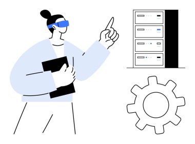 Sanal gerçeklik gözlüğü takan biri tablet tutuyor ve vites simgesinin yanındaki sunuculara bakıyor. Yenilik, veritabanı, teknoloji, VR, bulut hesaplama, veri yönetimi, geleceksel tasarım için ideal