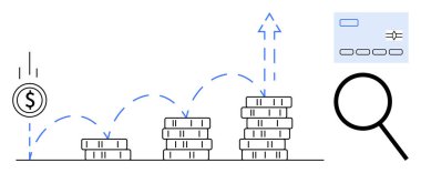 Yükselen bir ok, düşen para, kredi kartı ve büyüteç ile madeni para yığınları maddi büyüme, analiz, tasarruf ve yatırımı temsil ediyor. İş ve ekonomi için ideal