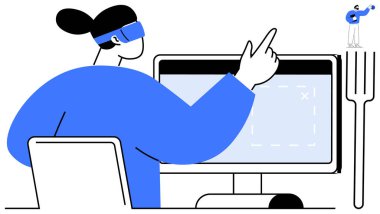 Bilgisayar ekranında VR kulaklık takan bir kadın sanal bir deneyim yaşıyor. Teknoloji, yenilik, sanal gerçeklik, dijital etkileşim, gelecek, üretkenlik ve oyun için ideal. Basit düz