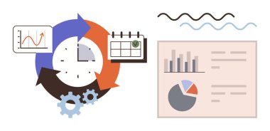 Takvim, okları olan saat, pasta grafiği, vites ve zaman yönetimini, analitiği, verimliliği temsil eden grafikler. İş stratejisi organizasyonu takım çalışması iş akışı planlamak için ideal