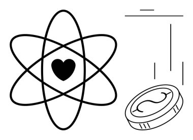 Kalp çekirdeği olan atomik yapı, hareket halindeki bir bozuk para ve dinamik çizgiler. Bilim, aşk, değer, enerji, ilişkiler, yenilikler için ideal denge kavramları. Basit düz metafor