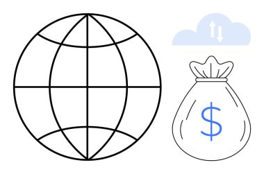 Meridyen çizgileri olan dünya, çift yönlü okları olan bulut ve dolar işareti olan para çantası. Küresel ekonomi, finans, bulut transferi, bağlantı, bankacılık, basit düz metafor