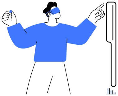 VR kulaklık takan kişi el hareketleriyle sanal çevreye giriyor. Teknoloji, yenilik, oyun, sanal deneyim, etkileşim, gelecek trendler, asgari tasarım için ideal. Basit.