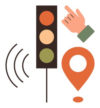 Stop lambası, işaret eden el, konum pimi ve ses dalgaları navigasyon, trafik kontrolü, seyahat yönleri, GPS sistemleri, yer izleme, şehir planlama ve basit bir dairede hareket kabiliyetini temsil ediyor.