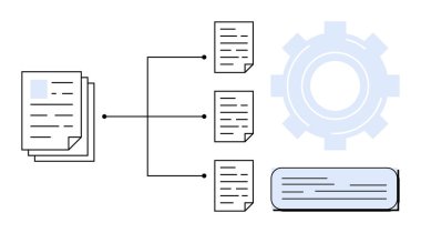Sınıflandırılmış dosyalara ayrılan birden fazla belge, otomasyonu temsil eden teçhizat, organize içerik için ders kutusu. Veri yönetimi, otomasyon, organizasyon, iş akışı, analitik ve teknoloji için ideal