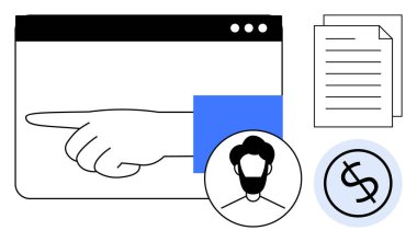 Bir tarayıcı arayüzü, kullanıcı profili simgesi, belgeler ve karar verme mekanizmasını gösteren dolar işareti, kullanıcı arayüzü, takım çalışması, finans, iş stratejileri ve dijital işbirliği