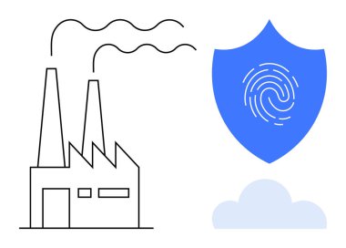 Duman bacaları ve üzerinde parmak izi olan modern siber güvenlik kalkanı olan bir fabrika. Endüstri güvenliği, veri koruması, bulut bilgisayarı, siber güvenlik, IOT, yenilik, basit daire