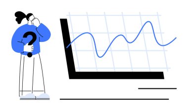 Soru işareti tutan kişi, değişen veri eğilimleriyle bir çizgi grafiği tasarlıyor. Sorun çözme, analitik, karar verme, istatistik, iş stratejileri, zorluklar için ideal