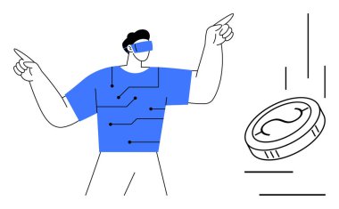 VR kulaklık takan bir adam, gömleğin üzerinde devreler teknolojiyi simgeliyor, sanal para hareket halinde. Teknoloji, sanal para birimi, yenilik, dijital ekonomi, gelecek kavramları, oyun için ideal