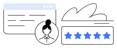 Bir tarayıcı penceresinin yanında kullanıcı profili simgesi, beş yıldızlı derecelendirme çubuğu ve bulut tasarımı. Müşteri geribildirimi, bulut depolama, kullanıcı profili, dijital değerlendirme, çevrimiçi değerlendirme, hizmet kalitesi için ideal