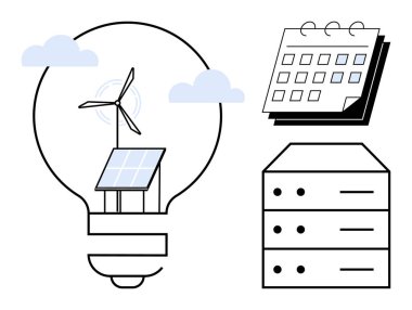 Güneş paneli, rüzgar türbini, bulutlar, takvim ve sunuculu ampul. Enerji, yenilik, sürdürülebilirlik, teknoloji çevresi planlama yenilenebilir enerji temaları için idealdir. Basit düz