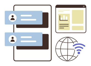 Çevrimiçi sohbet pencereleri, bir tarayıcıya bildirin ve kablosuz etkinleştirilmiş dünya simgesi. İletişim, teknoloji, ağ, küresel erişim, dijital iş, sosyal etkileşim için ideal basit düz metafor