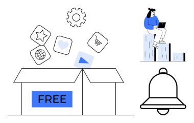 Uygulama simgeleri, bir zil, bar grafiği, dizüstü bilgisayarı olan kullanıcı etiketli FREE etiketli kutuyu aç. Pazarlama, kaynaklar, teknoloji araçları, uygulama tanıtımı kullanıcı analitik işi için idealdir. Basit düz metafor