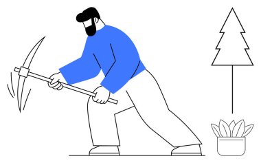 Adam basit bir saksı bitkisi ve yemyeşil bir ağacın yanında kazmayla madencilik yapıyor. Çalışma temaları, sürdürülebilirlik, büyüme, tarım, manuel çalışma, çevre dostu uygulamalar ve kaynak için ideal