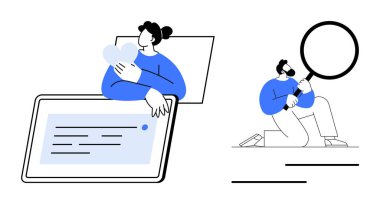 Dijital tabletin yanında kalp tutan bir kişi ve büyüteçle muayene eden bir diğeri. Teknoloji, araştırma, veri analizi, çevrimiçi iletişim, duygular, bağlantı, soyut