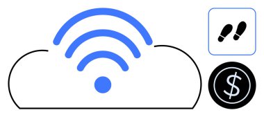 Mavi kablosuz sinyal dalgaları olan bulut, finansal odaklanma için dolar işareti ve analitik için basamak simgesi. Teknoloji, finans, veri takibi, bağlantı, IOT, iş analizi için ideal dijital