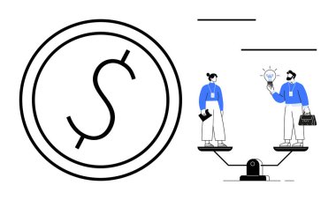 İki profesyonelin yanında büyük bir dolar işareti aynı ölçekte dengede duruyor, fikir alışverişinde bulunuyorlar. Finans, karar verme, eşitlik, yenilik, müzakere, takım çalışması hedefleri için idealdir. Basit düz metafor