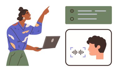 Dizüstü bilgisayarı olan bir kadın, görsel arayüzlere bakıyor. Ses tanıma dalgaları ve mesaj kutularıyla baş silueti. Teknoloji, yenilik, iletişim, yapay zeka, veri analizi ve eğitim için ideal