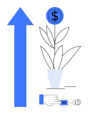 Mavi yukarı ok, çiçek olarak dolar sikkesi olan bitki, el tıklama reklam düğmesi. Finans, iş büyümesi, çevrimiçi pazarlama, dijital strateji, tıklama başına öde reklamı, gelir artışı için ideal