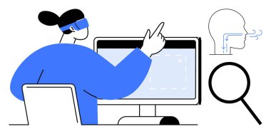 Bir bilgisayar monitöründe profesyonel solunum sistemi elementleri, yakınlardaki büyüteç, araştırma, tıp, eğitim, analiz, tanı, yenilik ve bilimin çizimi. İdeal