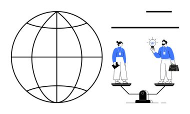 Küresel ölçekte dengede duran iki iş adamı bir ampulle sembolize edilen fikirleri paylaşıyorlar. Takım çalışması, işbirliği, yenilik, eşitlik, sorun çözme, küresel meseleler, basit