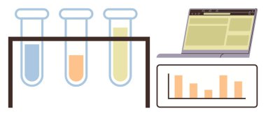 Renkli sıvılı test tüpleri, veri arayüzlü dizüstü bilgisayarlar, trendleri gösteren çubuk grafikler. Bilim, araştırma, laboratuvar, veri analizi, eğitim teknolojisi ve yenilik kavramları için idealdir. A