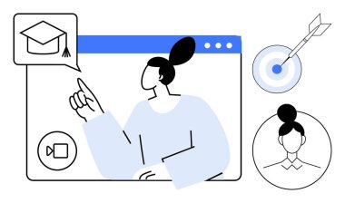Kadın figürü, video özelliği, mezuniyet şapkası balonu, hedef ve kullanıcı profili simgeleri ile sanal öğrenme arayüzünü çalıştırır. Eğitim, e-öğrenim, eğitim, kişisel büyüme, başarı, hedefler için ideal